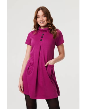 Purple Cowl Neck Button Front Short Shift Dress