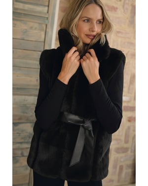 Black Faux Fur Sleeveless Tie Waist Gilet