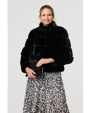 Black Faux Fur High Neck Cropped Jacket