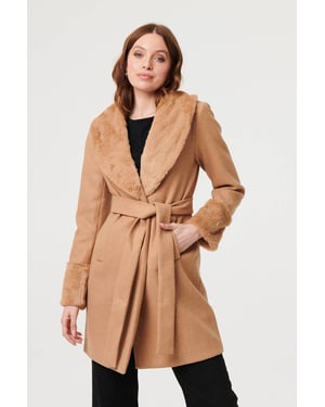 Beige Faux Fur Trim Tie Waist Longline Coat