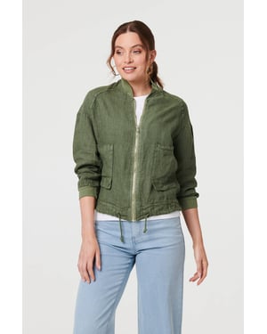 Khaki Pocket Detail Zip Front Bomber Jacket