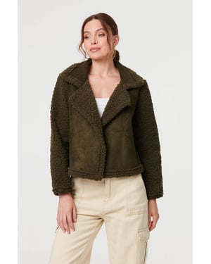 Green Faux Suede Teddy Lined Biker Jacket