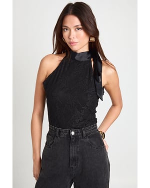 Lace Satin Bow Detail High Neck Bodysuit