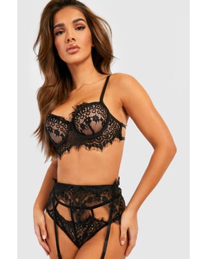 Eyelash Lace Bralette Suspender and Thong Set