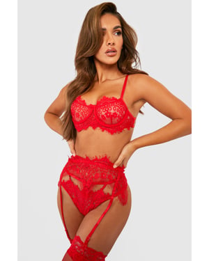 Eyelash Lace Bralette Suspender and Thong Set
