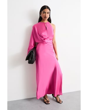 One Shoulder Twist Front Keyhole Satin Maxi Dress