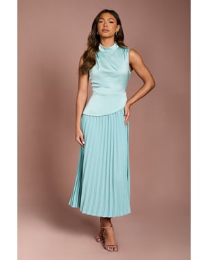 Drape High Neck Pleated Skirt Midi Dress