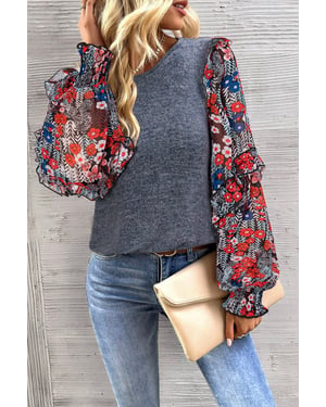 Blue Ruffle Tiered Floral Sleeve Crew Neck Blouse