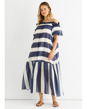 Blue Cotton Voil Bardot Stripe Midaxi Dress