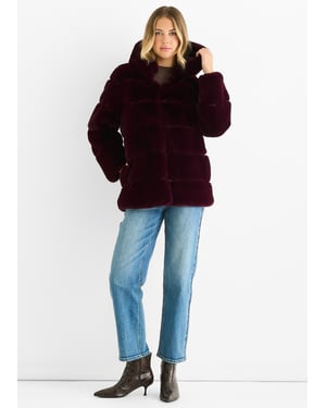 Dark Burgundy Horizontal Cut Fur Hooded Jacket