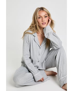Petite Jersey Piping Detail Long Sleeve Shirt & Trousers Pyjama Set