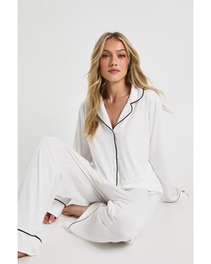 Petite Jersey Piping Detail Long Sleeve Shirt & Trousers Pyjama Set