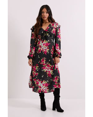 Petite Patchwork Floral Contrast Bow Detail Frill Printed Midaxi Dress