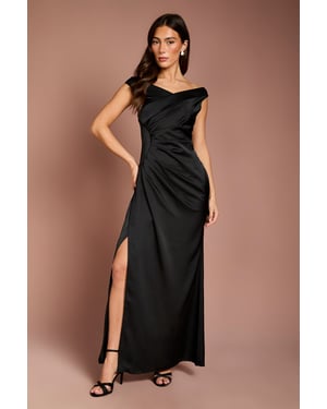 Satin Bardot Bridesmaid Maxi Dress with Waist Ruching Detail