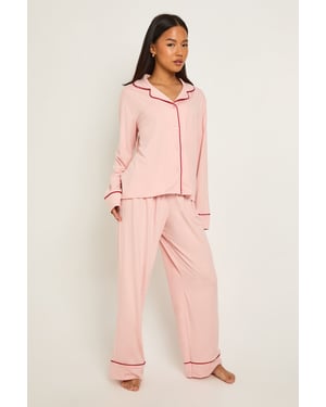 Petite Piping Detail Long Sleeve Shirt & Trouser Pyjama Set