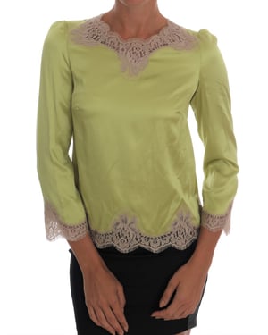 Limegroene Zijde Blouse met Kantafwerking