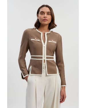 Petite Figure Form Bandage Military Contrast Piping Knit Split Hem Jacket