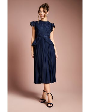 Lace Bodice Peplum Midi Dress