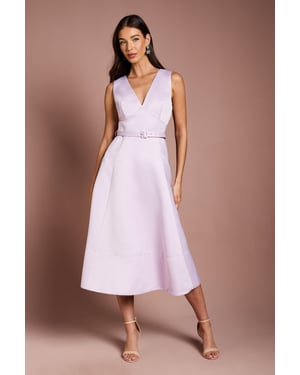 V Neck Structured Satin Belted Midi Dress