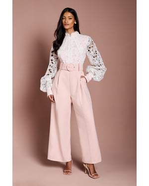 Petite Organza Lace Belted Long Sleeve Jumpsuit