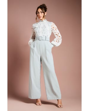 Organza Lace Belted Long Sleeve Jumpsuit