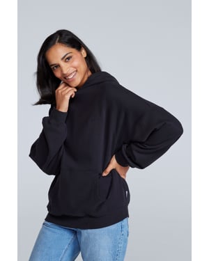 'Idol' Women's Logo Drop Shoulder Hoodie with Kangaroo Pocket Warm Sweatshirt Black