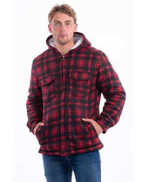 Port Nova Mens Hooded Fleece Lined Check Shirt Jacket Zip