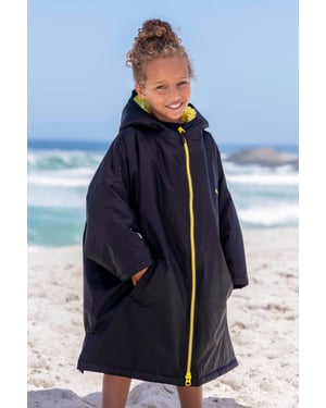 'Tidal' Kids Waterproof Changing Robe Windproof Soft Hooded Full Zip Surf Poncho Black