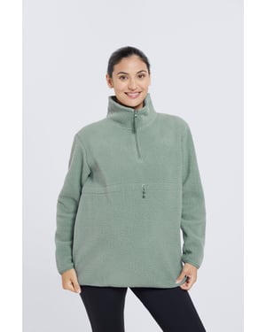 Women's Sherpa Fleece Lined Sweater Half Zip Cosy Warm Coat Khaki