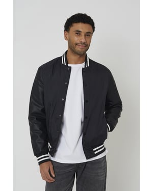 Black Varsity Style Jacket With Pu Sleeves