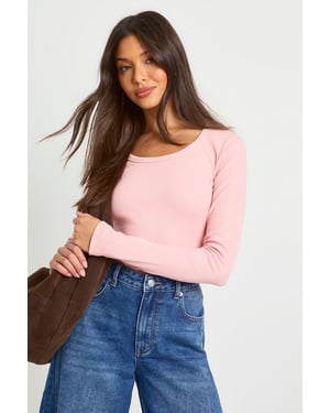 Basic Rib Scoop Neck Fitted Long Sleeve Top