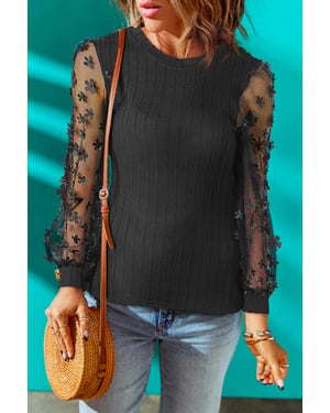 Black Floral Applique Mesh Sleeves Textured Knit Blouse