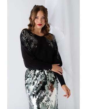 Black Sparkly Embellished V-Neck Jumper