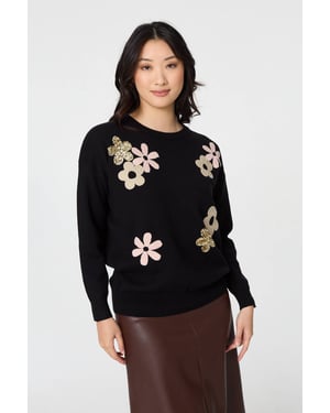 Black Sequin Floral Embellished Relaxed Jumper