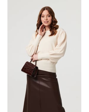 Beige Chevron Texture Balloon Sleeve Jumper