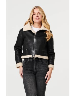 Black Faux Suede Teddy-Lined Cropped Jacket