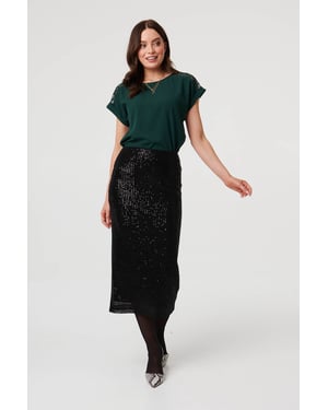 Black Sequin Embellished Pencil Midi Skirt