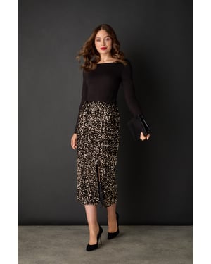 Black Sequin Embellished High Waist Midi Skirt
