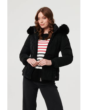 Green Faux Fur Trim Hooded Zip-Up Jacket