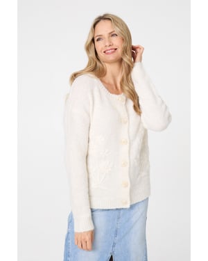 White Floral Embroidered Textured Cardigan