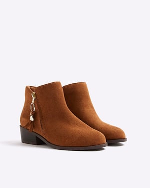 River Island Girls Ankle Boots Brown Faux Suede Zip