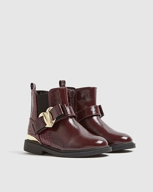 River Island Mini Girls Chelsea Boots Red Patent Heart Bow