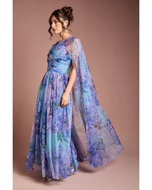 Pleated Mesh Printed Cape Maxi dress With Gemstone