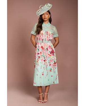 Lisa Tan Lace Pleated Printed Midi Dress