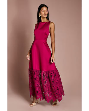 Petite Lace Hem Structured Satin Maxi Dress