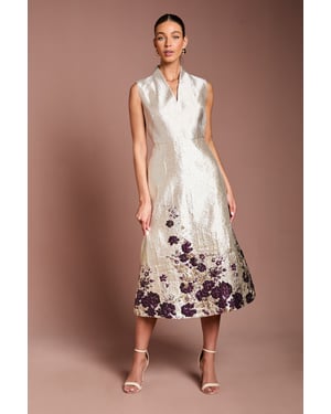 Notch Neck Floral Border Print Jacquard Midi Dress