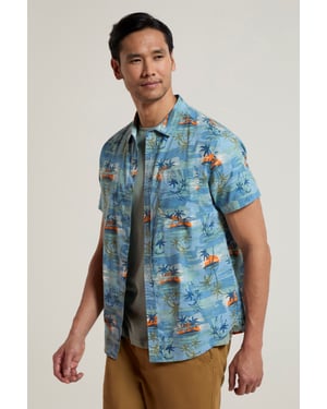 Tropical Printed Men's Short Sleeve Shirt 100% Cotton Chest Pocket Holiday Top Medium Blue