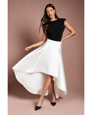 High Low Ivory Structured Twill Midi Skirt