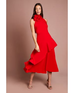 High Neck Corsage Detail Midi Dress