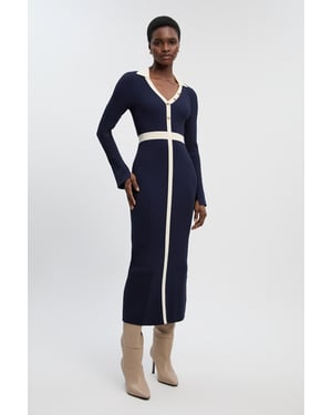 Knit Rib With Contrast Waist Detail Collared Midi Dress